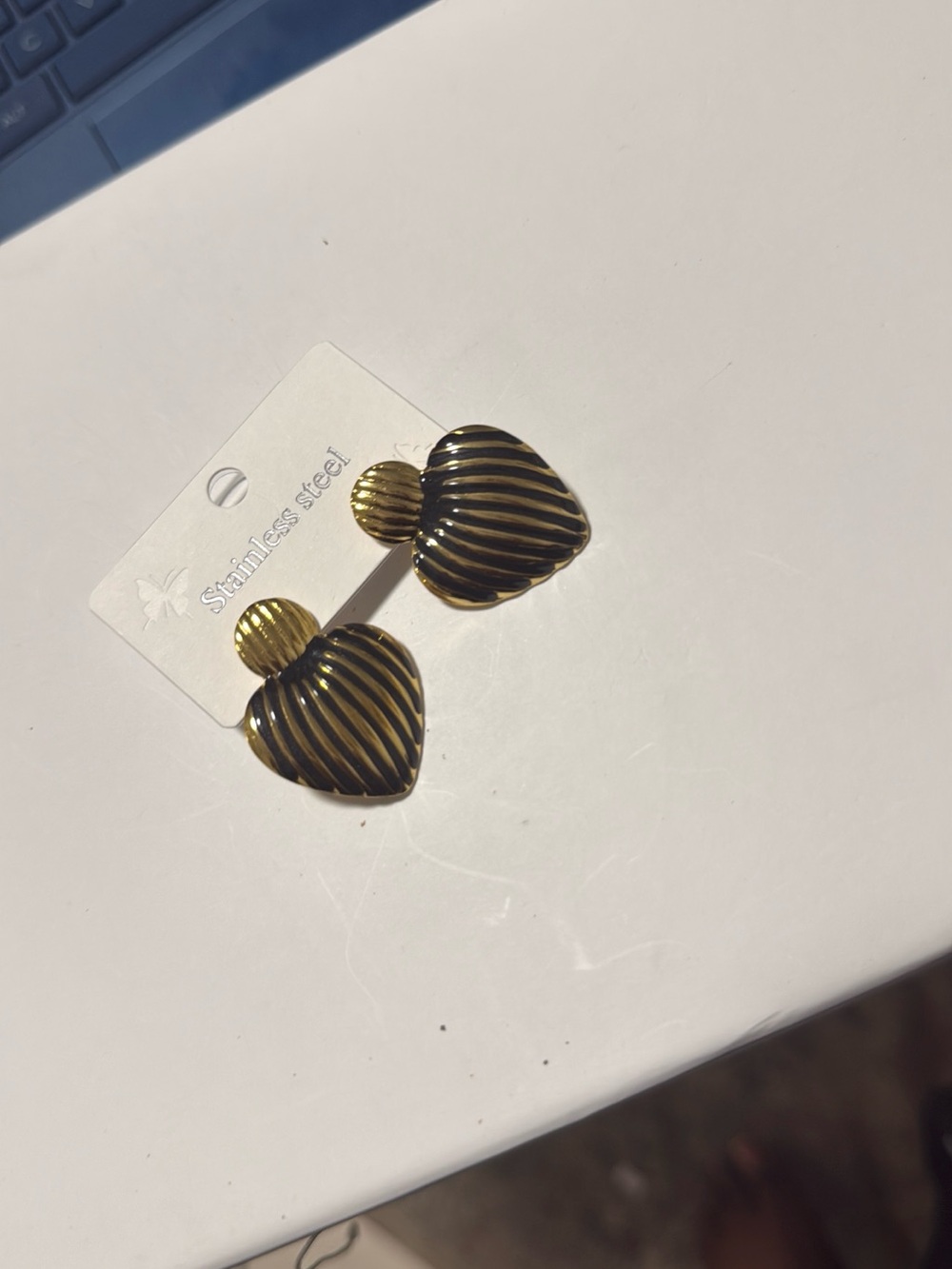 Gold and Black Striped Heart Drop Earrings - Stainless Steel
